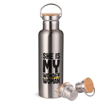She is my wonder woman, Stainless steel Silver with wooden lid (bamboo), double wall, 750ml