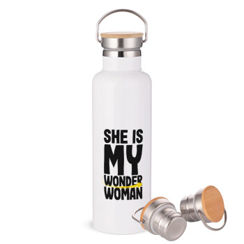 She is my wonder woman, Stainless steel White with wooden lid (bamboo), double wall, 750ml