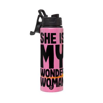 She is my wonder woman, Metallic water bottle with safety lid, 850ml aluminum