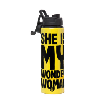 She is my wonder woman, Metallic water bottle with safety lid, 850ml aluminum