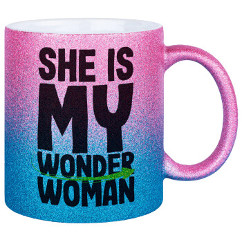 She is my wonder woman, Κούπα Χρυσή/Μπλε Glitter, κεραμική, 330ml