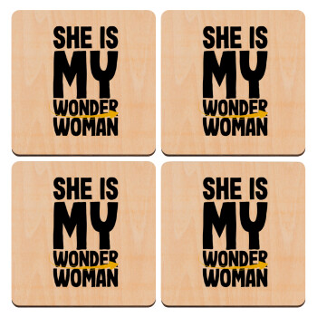 She is my wonder woman, ΣΕΤ x4 Σουβέρ ξύλινα τετράγωνα plywood (9cm)