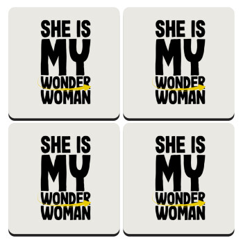 She is my wonder woman, ΣΕΤ 4 Σουβέρ ξύλινα τετράγωνα (9cm)