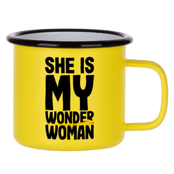 She is my wonder woman, Κούπα Μεταλλική εμαγιέ ΜΑΤ Κίτρινη 360ml