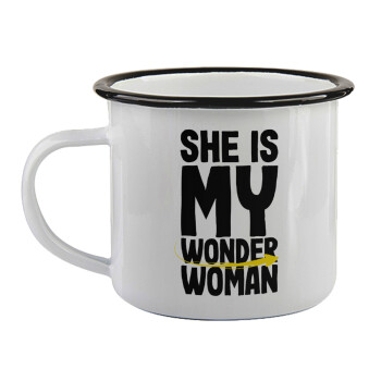 She is my wonder woman, Κούπα εμαγιέ με μαύρο χείλος 360ml