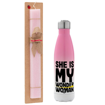 She is my wonder woman, Easter Set, Metallic pink/white (Stainless steel) thermos, double-walled, 500ml & aromatic flat Easter candle (30cm) (PINK)