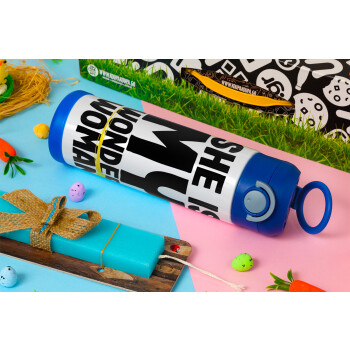 She is my wonder woman, Easter candle, Childrens hot water bottle, stainless steel, with safety straw, BLUE (500ml)