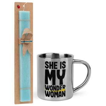 She is my wonder woman, Easter Set, metallic thermal cup (300ml) & aromatic flat Easter candle (30cm) (TURQUOISE)