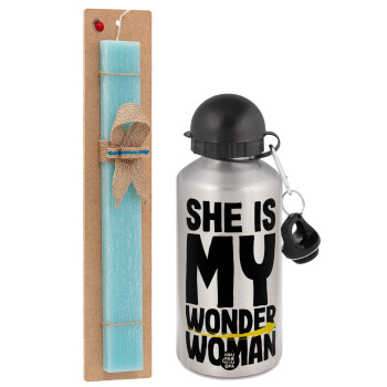 She is my wonder woman, Easter Set, metallic silver aluminum water bottle (500ml) & scented flat Easter candle (30cm) (TURQUOISE)