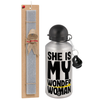 She is my wonder woman, Easter Set, metallic silver aluminum water bottle (500ml) & aromatic flat Easter candle (30cm) (GRAY)