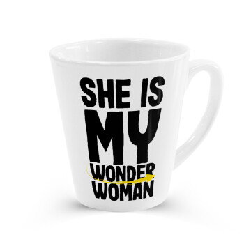She is my wonder woman, Κούπα κωνική Latte Λευκή, κεραμική, 300ml