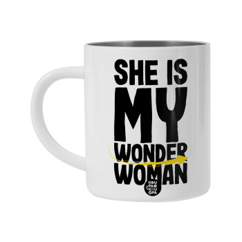 She is my wonder woman, Λευκή Ανοξείδωτη Μεταλλική Κούπα 450ml - Διπλού Τοιχώματος 