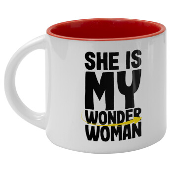 She is my wonder woman, Κούπα κεραμική 400ml Λευκή/Κόκκινη