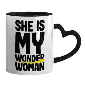 She is my wonder woman, Mug heart black handle, ceramic, 330ml