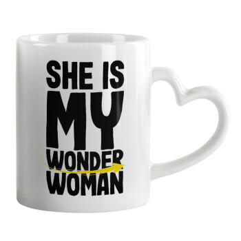 She is my wonder woman, Mug heart handle, ceramic, 330ml