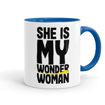 She is my wonder woman, Mug colored blue, ceramic, 330ml