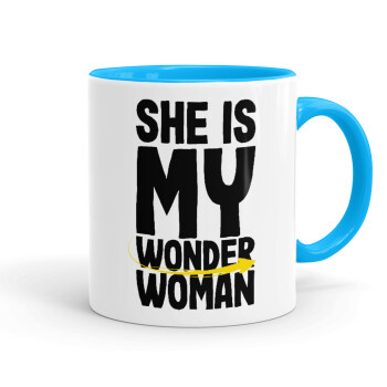 She is my wonder woman, Mug colored light blue, ceramic, 330ml