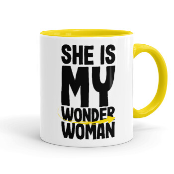 She is my wonder woman, Κούπα χρωματιστή κίτρινη, κεραμική, 330ml