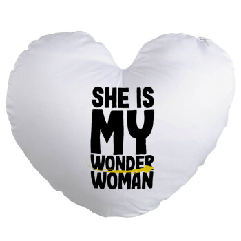 She is my wonder woman, Μαξιλάρι καναπέ καρδιά 40x40cm περιέχεται το  γέμισμα