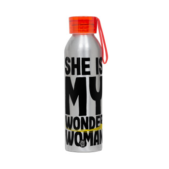 She is my wonder woman, Αλουμινένιο Αθλητικό Μπουκάλι 650ml – Ασημί με Κόκκινο Καπάκι και Λουράκι Σιλικόνης