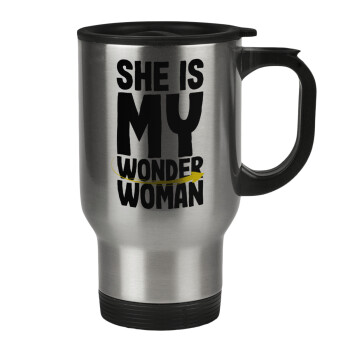 She is my wonder woman, Stainless steel travel mug with lid, double wall 450ml