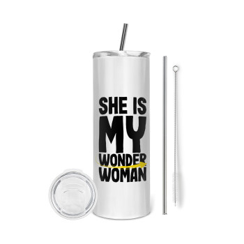 She is my wonder woman, Eco friendly stainless steel tumbler 600ml, with metal straw & cleaning brush