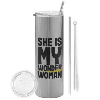 She is my wonder woman, Eco friendly stainless steel Silver tumbler 600ml, with metal straw & cleaning brush