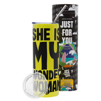 She is my wonder woman, Neon Yellow Travel Tumbler, with metal straw (Stainless steel 304 Food grade, BPA free, 600ml)