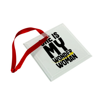 She is my wonder woman, Στολίδι Χριστουγεννιάτικο στολίδι γυάλινο τετράγωνο 9x9cm