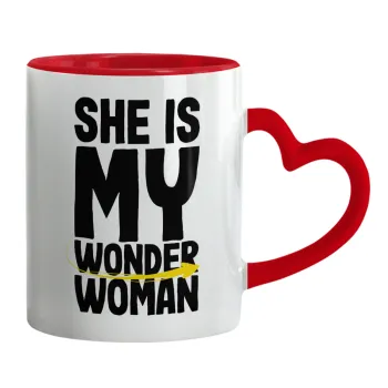 She is my wonder woman, Κούπα καρδιά χερούλι κόκκινη, κεραμική, 330ml