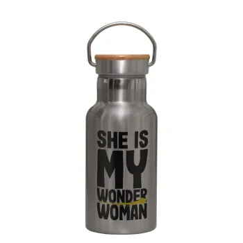 She is my wonder woman, Μεταλλικό παγούρι θερμός (Stainless steel) Ασημένιο με ξύλινο καπακι (bamboo), διπλού τοιχώματος, 350ml