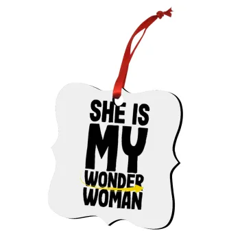 She is my wonder woman, Στολίδι Χριστουγεννιάτικο στολίδι polygon ξύλινο 7.5cm