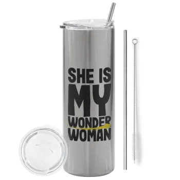 She is my wonder woman, Tumbler stainless steel Silver 600ml, with metal straw & cleaning brush
