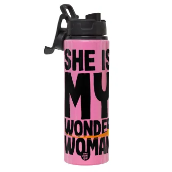 She is my wonder woman, Μεταλλικό παγούρι νερού με καπάκι ασφαλείας, αλουμινίου 850ml
