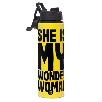 She is my wonder woman, Μεταλλικό παγούρι νερού με καπάκι ασφαλείας, αλουμινίου 850ml
