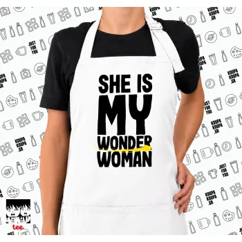 She is my wonder woman, Ποδιά μακριά Σεφ ολόσωμη με τσέπες white (ΕΝΗΛΙΚΩΝ)