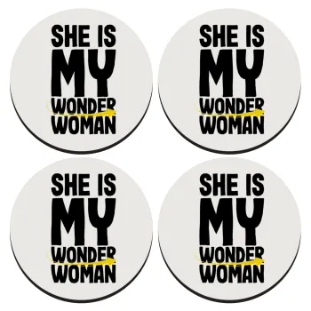 She is my wonder woman, ΣΕΤ 4 Σουβέρ ξύλινα στρογγυλά (9cm)