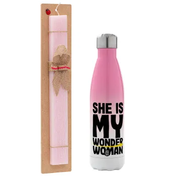 She is my wonder woman, Easter Set, Metallic pink/white (Stainless steel) thermos, double-walled, 500ml & aromatic flat Easter candle (30cm) (PINK)