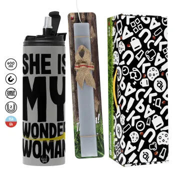 She is my wonder woman, Πασχαλινή Λαμπάδα με Travel Tumbler θερμό (600ml, BPA free) & κερί αρωματικό πλακέ (30cm) (ΓΚΡΙ)