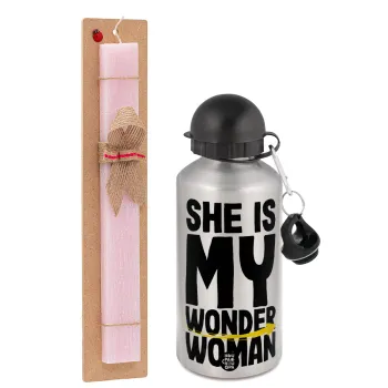 She is my wonder woman, Easter Set, metallic Silver aluminum water bottle (500ml) & scented flat Easter candle (30cm) (PINK)