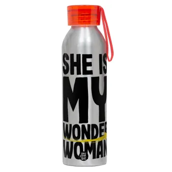 She is my wonder woman, Αλουμινένιο Αθλητικό Μπουκάλι 650ml – Ασημί με Κόκκινο Καπάκι και Λουράκι Σιλικόνης