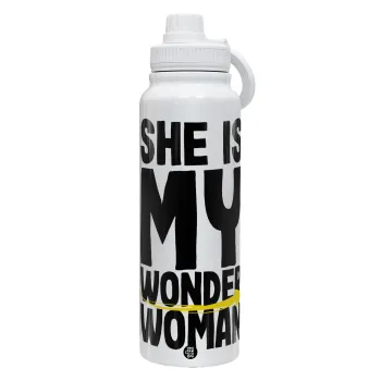 She is my wonder woman, Θερμός 1L Ανοξείδωτο με Βάση Κινητού & Διπλά Τοιχώματα