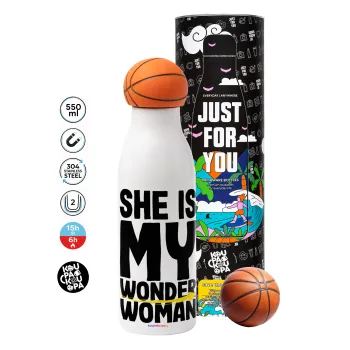 She is my wonder woman, Μπάλα μπάσκετ μεταλλικό παγούρι θερμός, διπλού τοιχώματος, 550ml