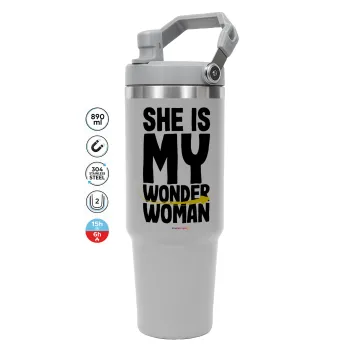 She is my wonder woman, GREY color, 890ml (30oz) stainless Steel Tumbler with Handle