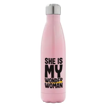 She is my wonder woman, Metal mug thermos Pink Iridiscent (Stainless steel), double wall, 500ml