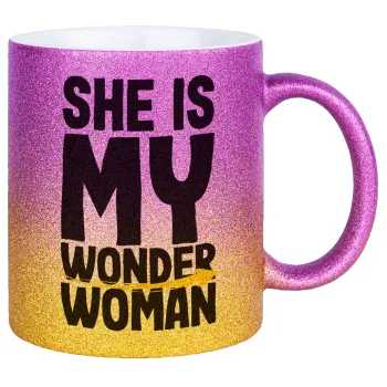 She is my wonder woman, Κούπα Χρυσή/Ροζ Glitter, κεραμική, 330ml