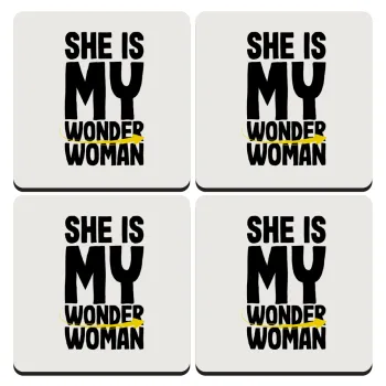 She is my wonder woman, ΣΕΤ 4 Σουβέρ ξύλινα τετράγωνα (9cm)