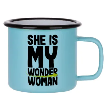 She is my wonder woman, Κούπα Μεταλλική εμαγιέ ΜΑΤ σιέλ 360ml