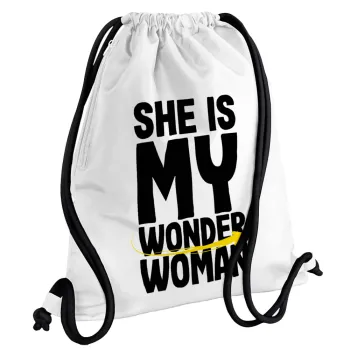 She is my wonder woman, Backpack pouch GYMBAG white, with pocket (40x48cm) & thick cords