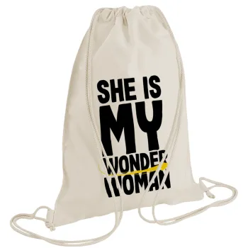 She is my wonder woman, Τσάντα πλάτης πουγκί GYMBAG natural (28x40cm)